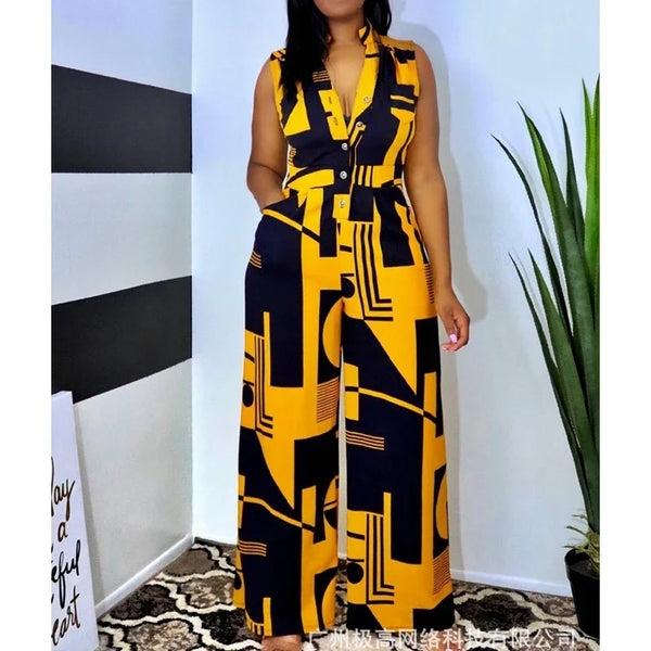 Women Slim Fit High Waist Print Jumpsuits Women V-neck