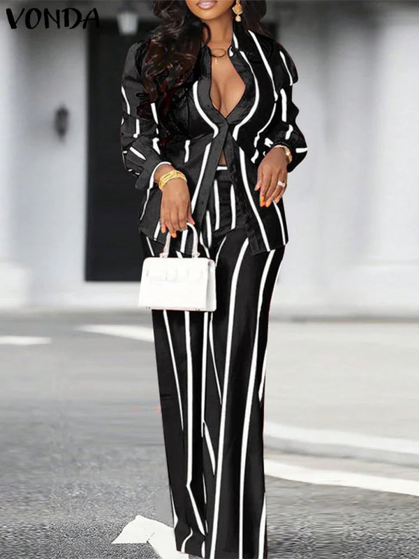 Plus Size 5XL VONDA Women Pants Sets 2024 Matching Sets Vintage Striped Shirt Trouser Casual Two-Piece Sets Office Lady Suits
