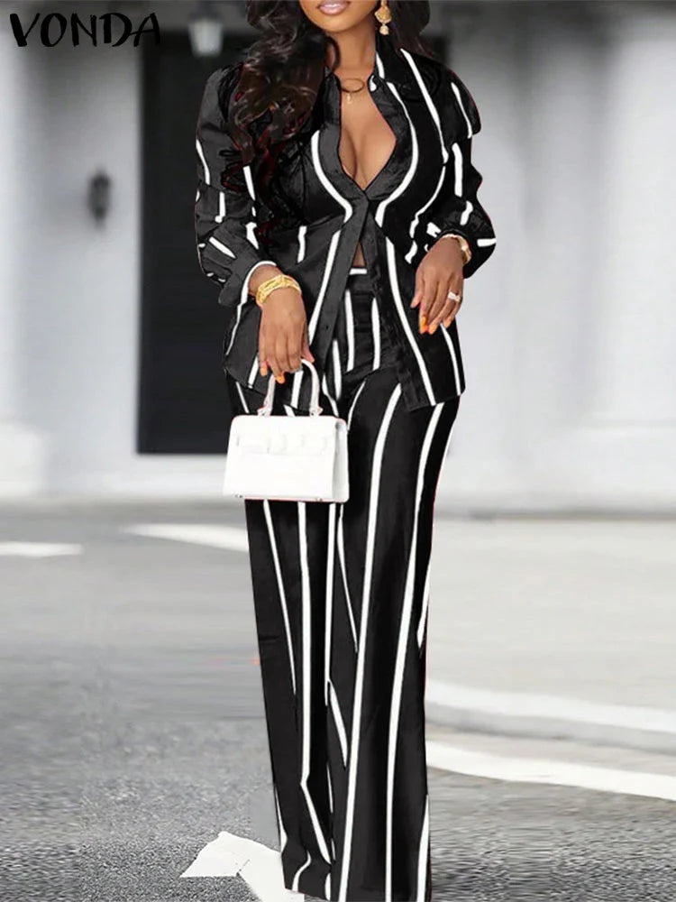Plus Size 5XL VONDA Women Pants Sets 2024 Matching Sets Vintage Striped Shirt Trouser Casual Two-Piece Sets Office Lady Suits
