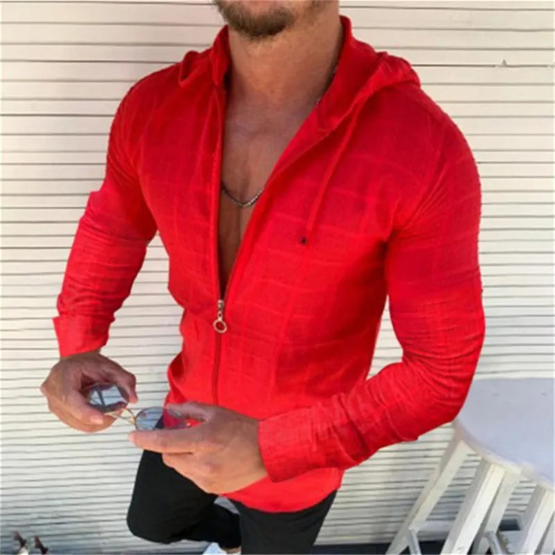 Fashion New Mens Zip Up Hooded White Plaid Tshirts Hip Hop Long Sleeve Cardigan T Shirt For Men Oodie Tee Shirts Tops Camisetas