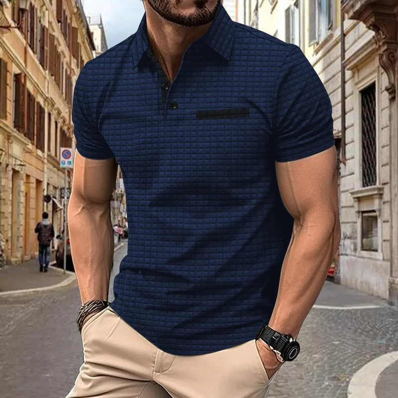 2024 new summer men's fashion fashion casual solid color loose version of t shirt men's sports fitness jacquard check POLO shirt
