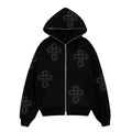 Fashion Mens Streetwear Hot Drilling Cross Hoodies Vintage Oodie Black Skeleton Hoodie Oversized Full Zip Hooded Sweatshirt