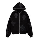 Fashion Mens Streetwear Hot Drilling Cross Hoodies Vintage Oodie Black Skeleton Hoodie Oversized Full Zip Hooded Sweatshirt