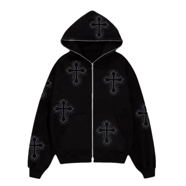 Fashion Mens Streetwear Hot Drilling Cross Hoodies Vintage Oodie Black Skeleton Hoodie Oversized Full Zip Hooded Sweatshirt
