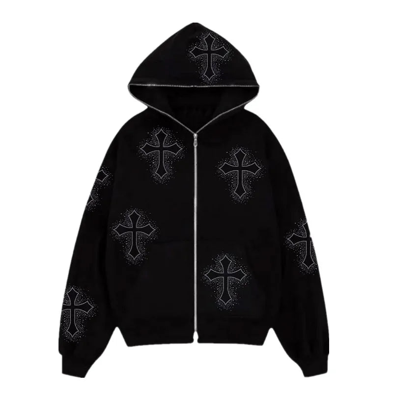 Fashion Mens Streetwear Hot Drilling Cross Hoodies Vintage Oodie Black Skeleton Hoodie Oversized Full Zip Hooded Sweatshirt