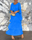 Fashion O-Neck Solid Commuter Long Dress Elegant Casual Layered Ruffle Edge Party Dress Bat Sleeve Chiffon Beach Vacation Dress