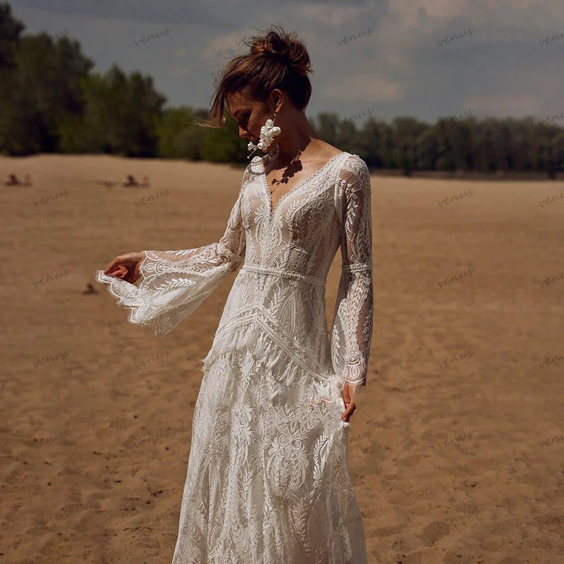 Bohemia Vintage Wedding Dresses For Women 2024 V-Neck Backless Bridal Gowns Flare Sleeves Lace Robe Vestidos De Novia Customized