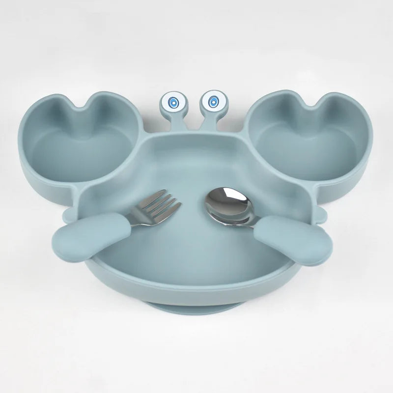 3Pcs/Set Baby Safe Silicone Dining Plate Food Feeding With Spoon Fork Cartoon Children Dishes Prevent Tipping Over And BPA Free