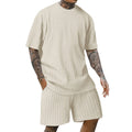 Men's crew neck T-shirt two-piece new style spring and summer striped yarn woven outdoor sports casual short-sleeved suit
