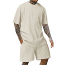 Men's crew neck T-shirt two-piece new style spring and summer striped yarn woven outdoor sports casual short-sleeved suit