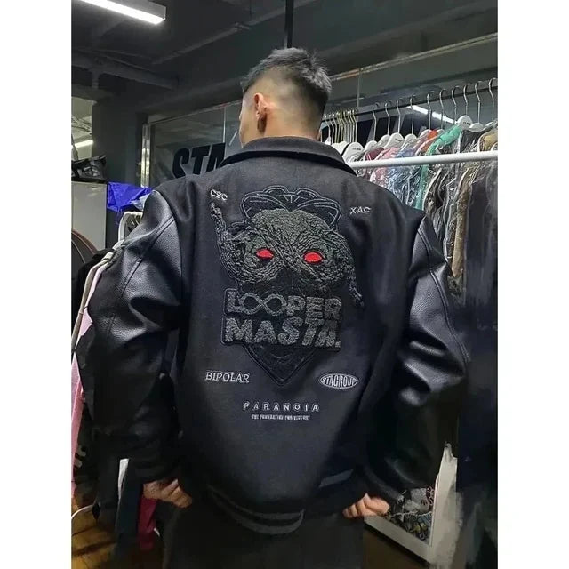 European and American Fashion Letter Embroidered Jackets Unisex Couple Contrasting Color Y2K Hip Hop Loose Leather Jackets Men