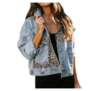 Long Sleeve Women's Denim Jacket Leopard Print Patchwork Outerwear Casual Loose Fit Fashionable And Stylish