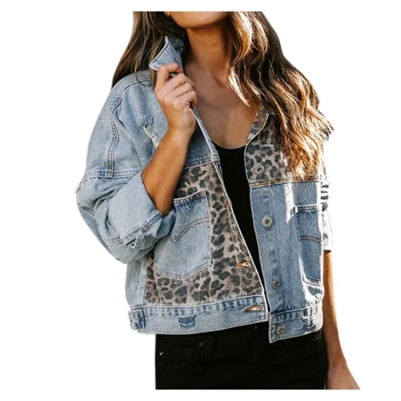 Long Sleeve Women's Denim Jacket Leopard Print Patchwork Outerwear Casual Loose Fit Fashionable And Stylish