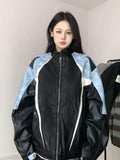 American Style Loose Women's Biker Jacket Color Block Windproof Spring Autumn Casual Top Trendy Outerwear Motorcycle Coat