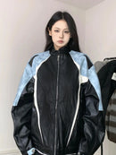 American Style Loose Women's Biker Jacket Color Block Windproof Spring Autumn Casual Top Trendy Outerwear Motorcycle Coat