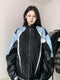 American Style Loose Women's Biker Jacket Color Block Windproof Spring Autumn Casual Top Trendy Outerwear Motorcycle Coat