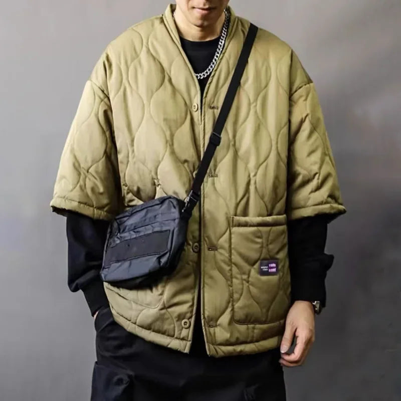 Chinese Collarless Taoist Robe Style Cotton Padded Jackets Men's Autumn Winter Half Sleeved Parkas New Retro Oversized Warm Vest
