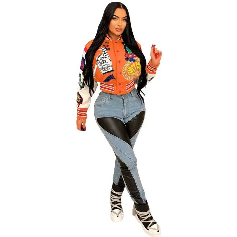 Letter Print Color Patchwork Woolen Varsity Jacket Women Long Sleeve Single Breasted Short Baseball Coat Casual Sporty Outwear