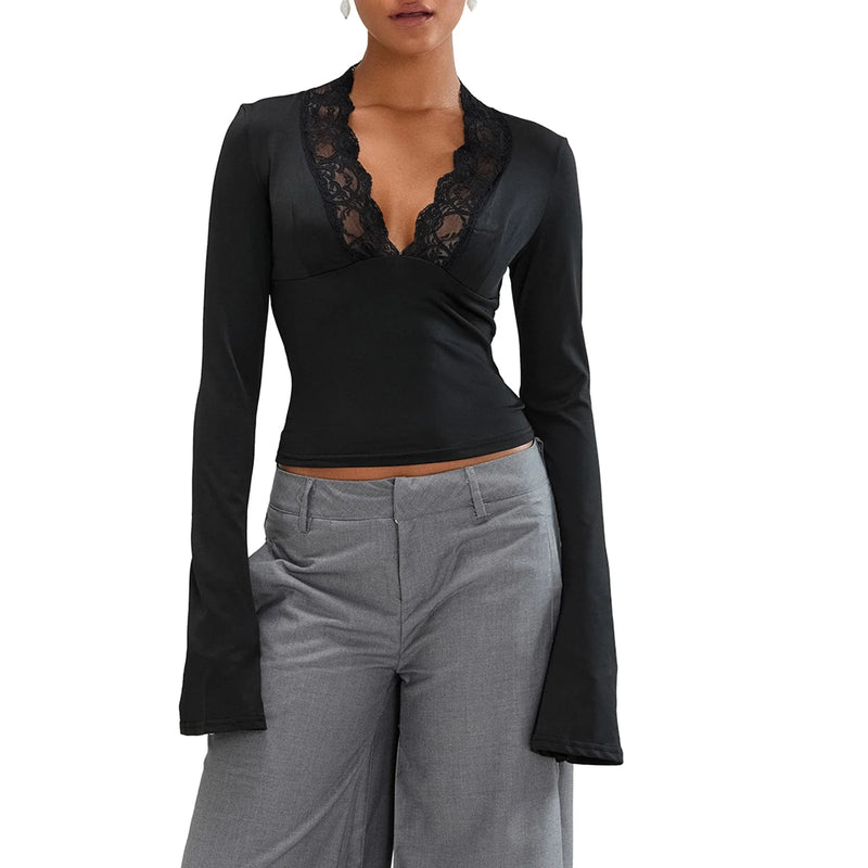 New Fashion Women's Fall Sexy Tops Slim Lace Trim Deep V Neck Bell Sleeve Crop Shirt Casual Streetwear