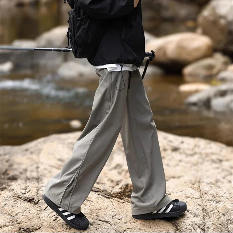 New Side Zipper Baggy Sweatpants For Men Autumn High Street Outdoor Straight Trousers Techwear Casual Drawstring Hiking Pants
