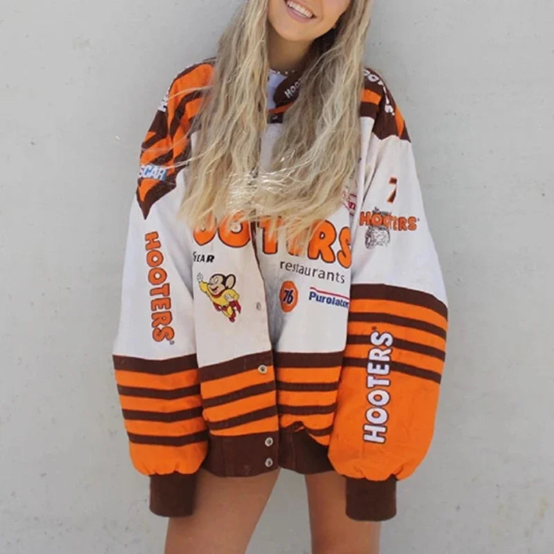 Oversized Printed Jacket Female Gothic Racing Suit hip-hop Street Style Jacket Y2K Oversized Baseball Uniform Jacket Bomber Top