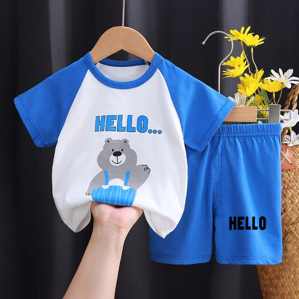 Summer Children Boys' Short Sleeved Suit Cartoon Hello Bear Print Cotton Short Sleeved Top Shorts 2pcs Set Boy Kids Pyjamas Suit