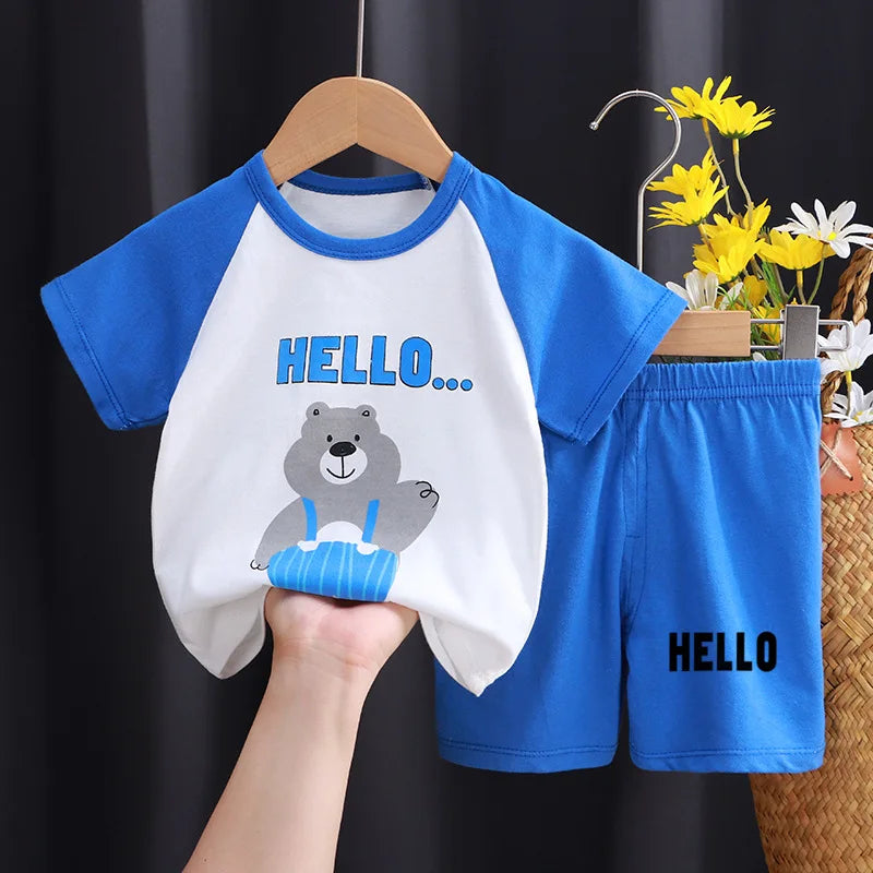Summer Children Boys' Short Sleeved Suit Cartoon Hello Bear Print Cotton Short Sleeved Top Shorts 2pcs Set Boy Kids Pyjamas Suit