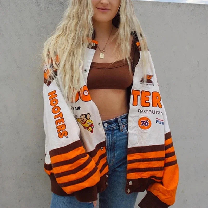 Oversized Printed Jacket Female Gothic Racing Suit hip-hop Street Style Jacket Y2K Oversized Baseball Uniform Jacket Bomber Top