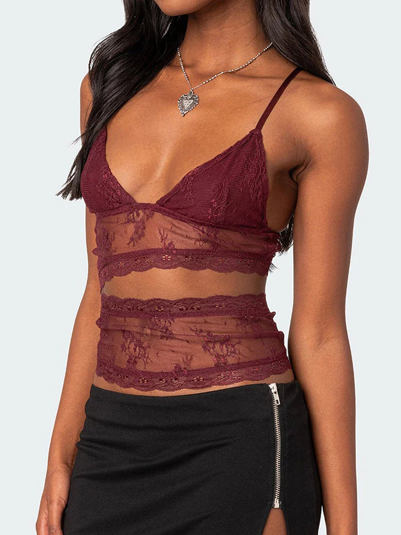Women Lace Sheer Camisole V-Neck Spaghetti Strap Sheer Vest Slim Fit Cutout Show Navel Tank Tops