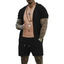 Men's Fashion Set Summer Little Hole Fabric Turn-down Neck Casual Solid Color Suit Male High-Quality Two-Piece Set US Size