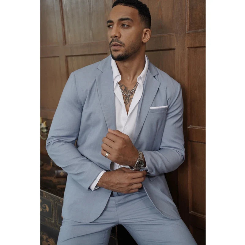 Light Gray Men's Suit Two Piece, Double Button V-Neck Jacket and Trousers, Fashionable Men's Sets, S, M, L, XL, XXL