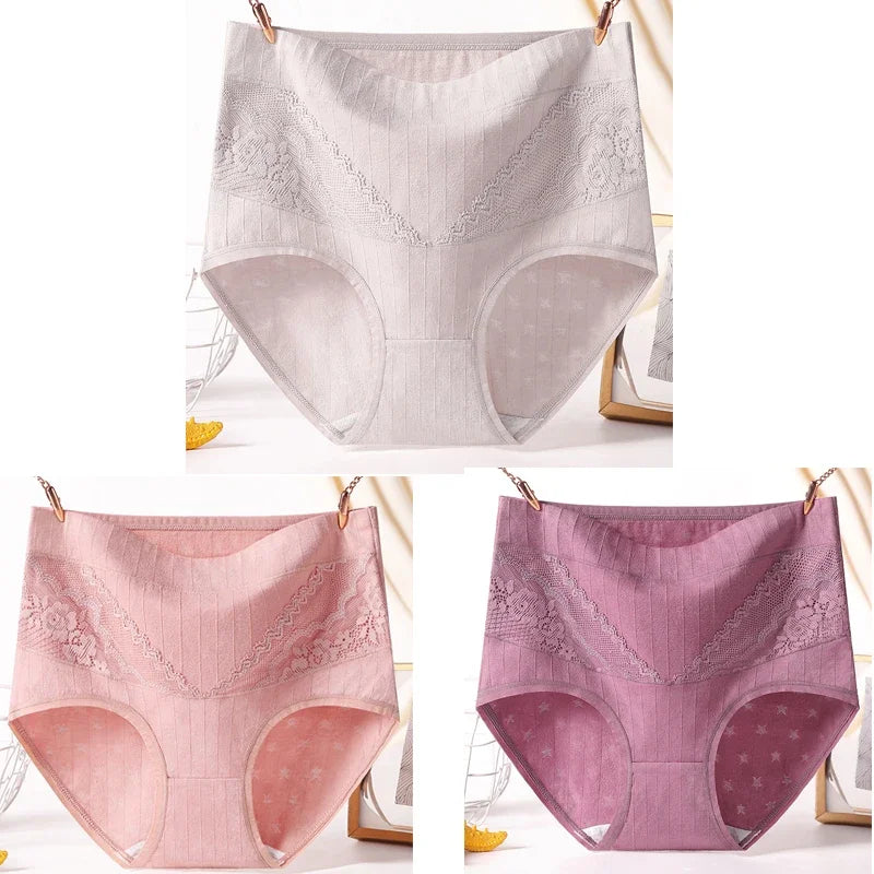 3pcs Cotton Women Panties Lady Plus Size Underwear Lace High Waist Briefs Breathable Solid Color Female Lingerie