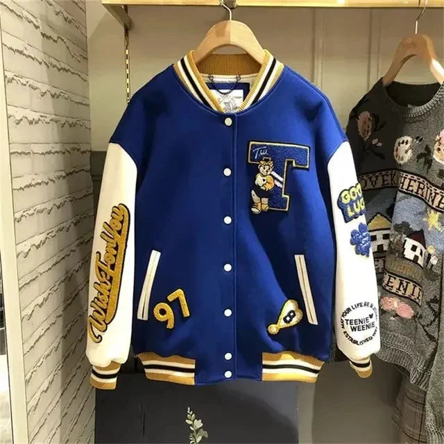 European and American Fashion Letter Embroidered Jackets Unisex Couple Contrasting Color Y2K Hip Hop Loose Leather Jackets Men