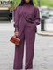 Plus Size VONDA Women Autumn High Neck Suits Solid Color Long Sleeve Matching Sets Elegant Split And Wide Leg Long Trousers 2PCs