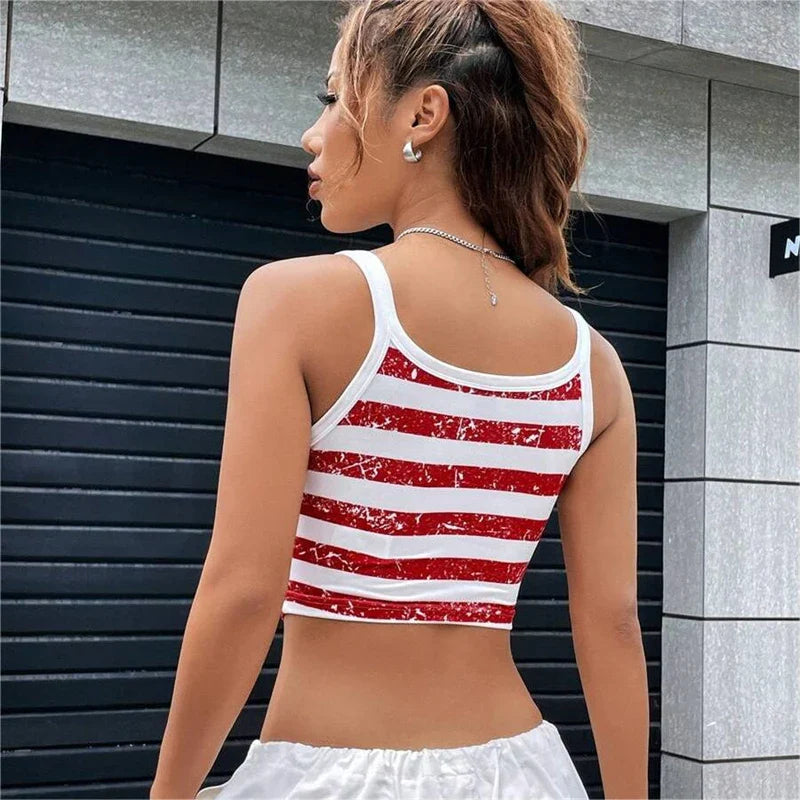 Gothic Punk New 2024 USA Flag Crop Top Sexy Backless Tank Slim Women's Mini Vest Summer Y2k Clothes Short White Camisole E-girls