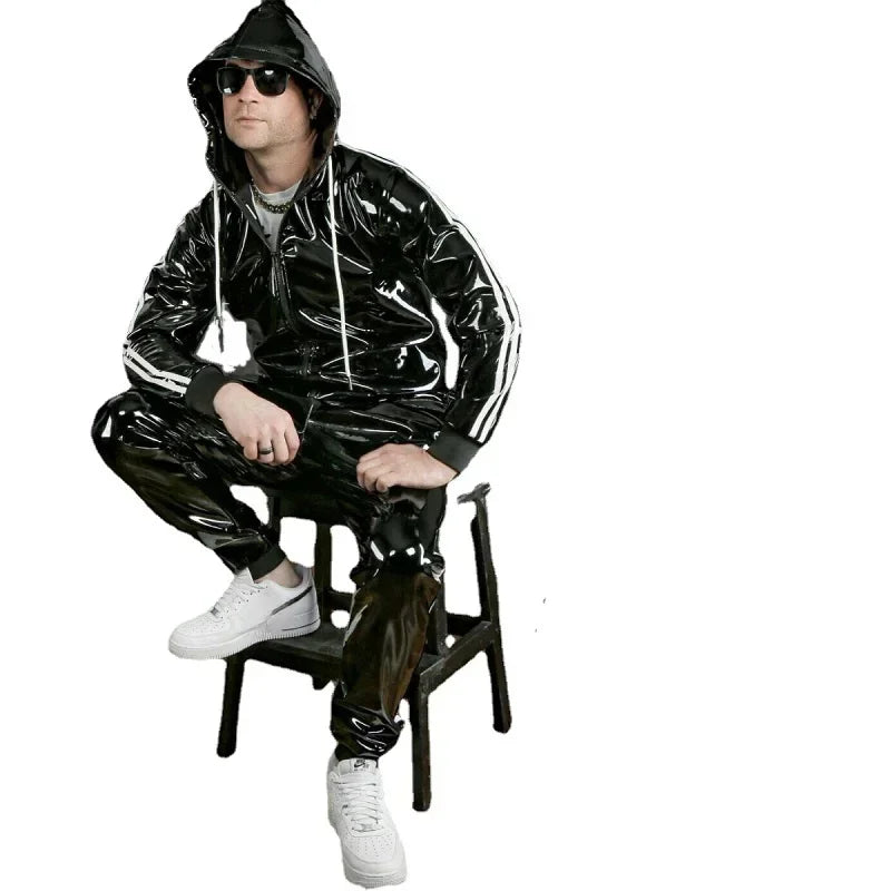 New Men's Hooded Suit PU Leather Casual Sports Bright Leather Top Plus Pants Jogging Suit