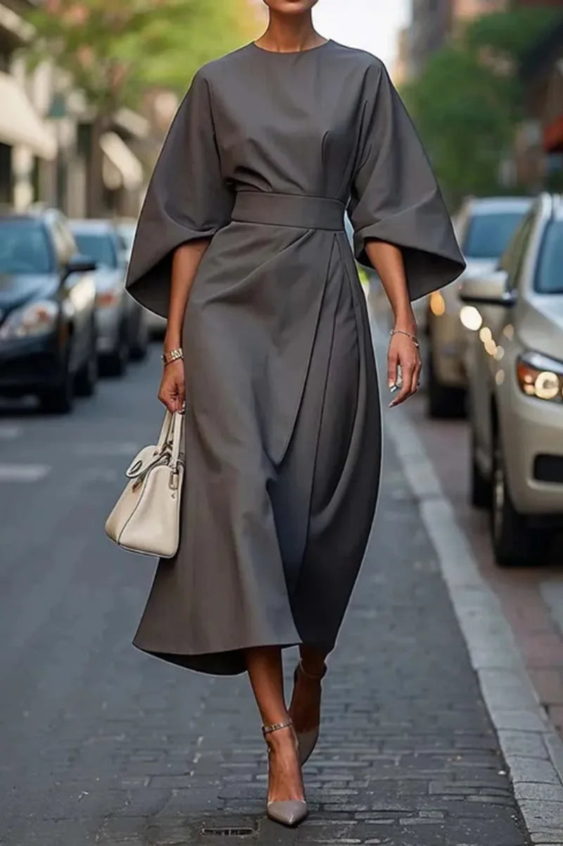 2025 Spring Summer New Women's Fashion Style Elegant Solid Color Waist Dress Casual Bat Sleeve Long Dress Vestidos Para Mujer