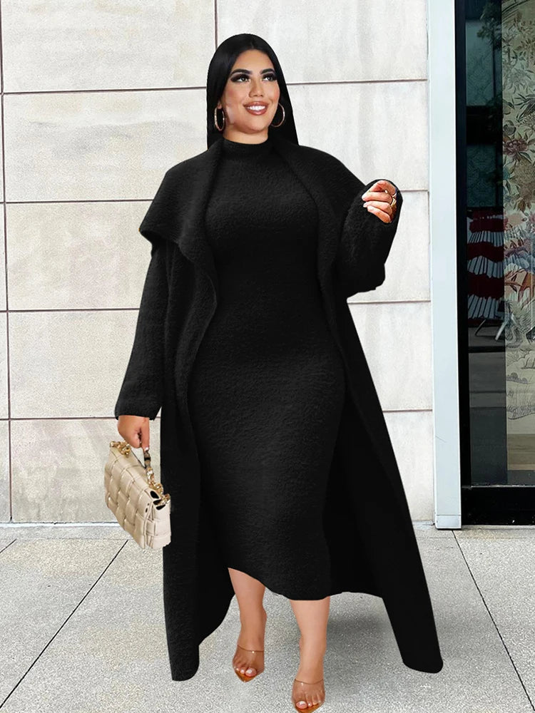 Plus Size Women Clothing Winter Outwear Long Sleeve Thick Overcoat with Dress Two Piece Ladies Large Matching Sets Fleece Suit