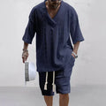 Summer New Men's Sports Suit Men's V-neck Top Loose Two-piece Set Men's Casual Trend Street Retro Suit