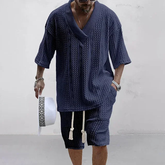 Summer New Men's Sports Suit Men's V-neck Top Loose Two-piece Set Men's Casual Trend Street Retro Suit