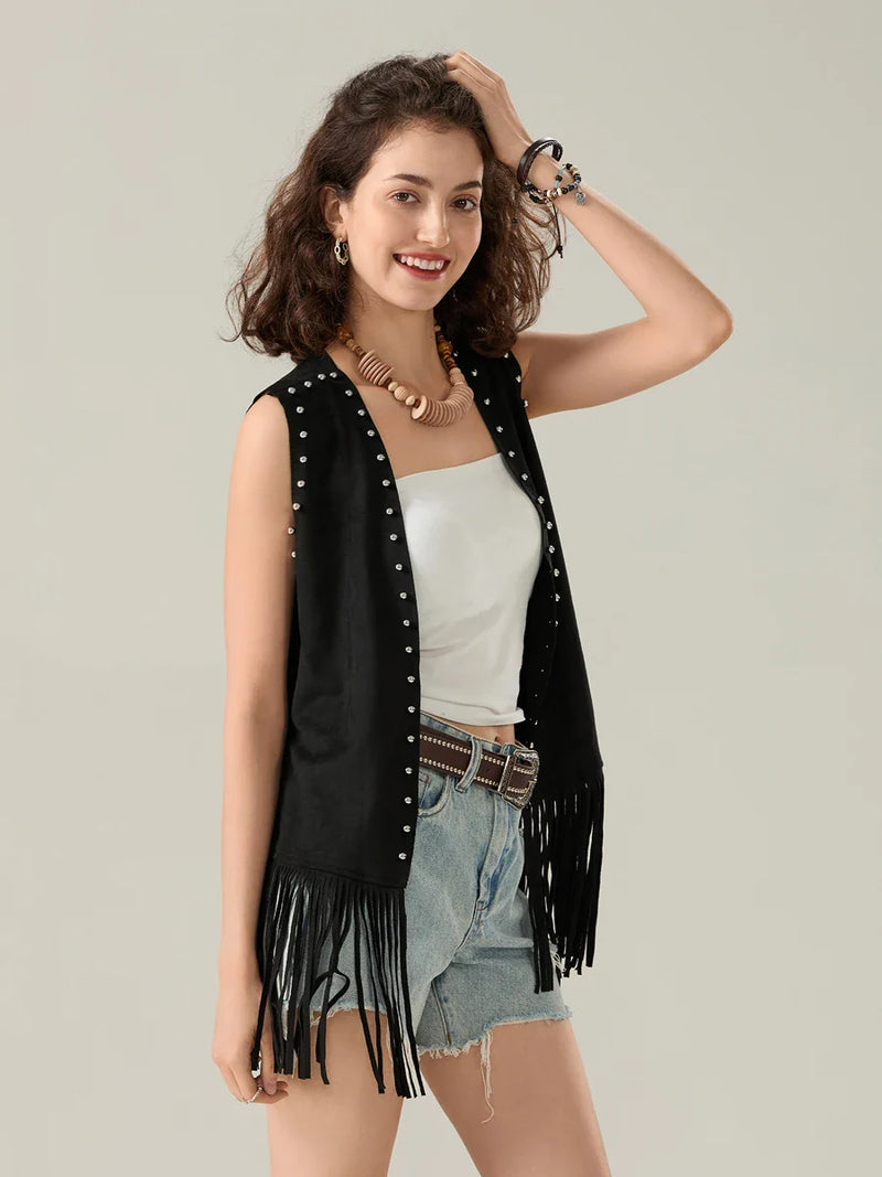 Women s Tassel Sleeveless Vest Rivet Open Front Sleeveless Long Jacket Hippie Streetwear