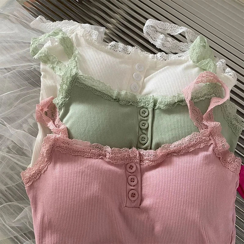 Summer Lace Strap Patchwork Camisole Women Solid Color Sleeveless Buttons Tank Top