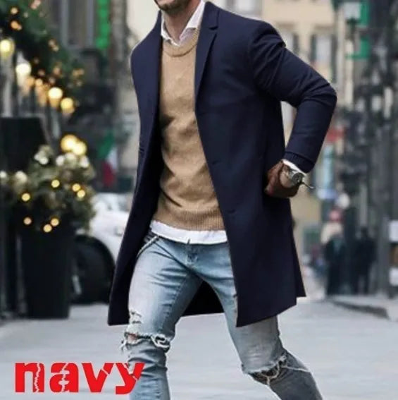 2023 Autumn/Winter New Solid Color Men's Mid length Woolen Coat Slim Fit Large Single breasted Windbreaker