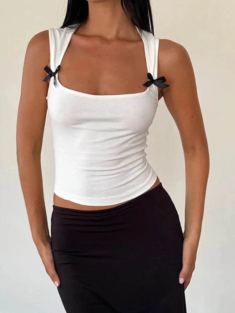 Y2K Women'S Bow Tie-Up Tank Tops Wide Shoulder Straps Bandage Camisole Sexy Low Cut Crop Tops Female Vest Tops