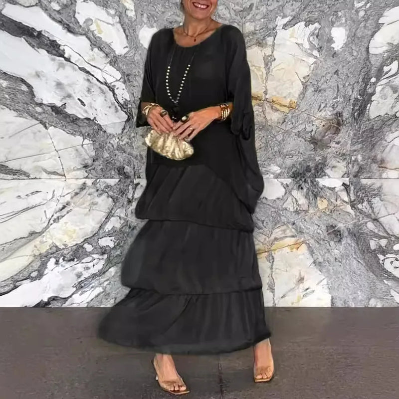 Fashion O-Neck Solid Commuter Long Dress Elegant Casual Layered Ruffle Edge Party Dress Bat Sleeve Chiffon Beach Vacation Dress