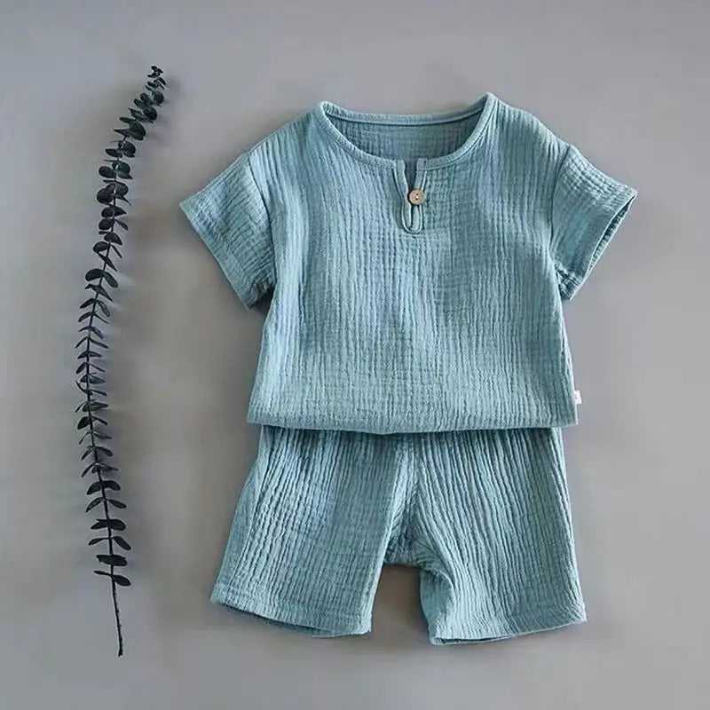 Summer Children's Clothing Set for 0-7Y Boys & Girls Cotton Linen Muslin Suit T-shirt Tops + Shorts 2pcs Baby Loungewear Outfit