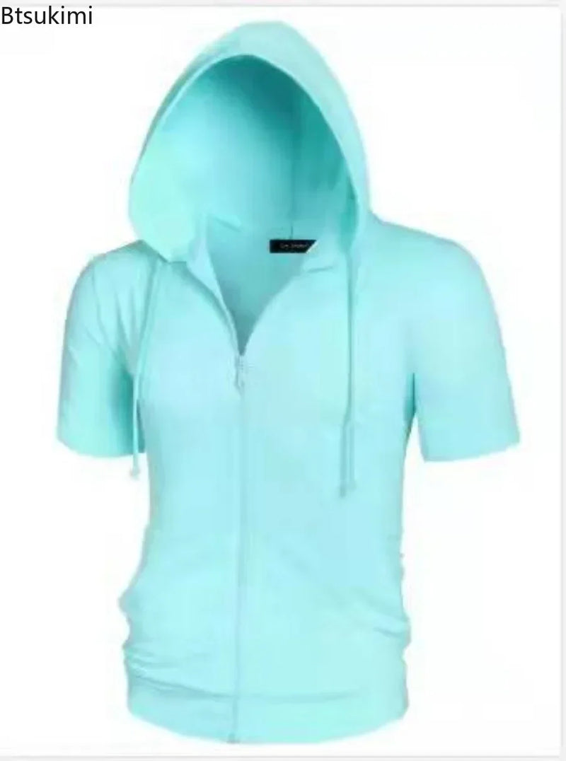 New 2025 Men's Casual Sweatshirts Short Sleeve Hoodies Jacket Solid Slim Zip Man Sport Tops Comfotable Outdoor Clothes for Men