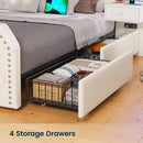 Queen Size 53” Tall Platform Bed Frame with 4 Storage Drawers Built in Charging Station & LED Bedroom White Headboards Under Bed