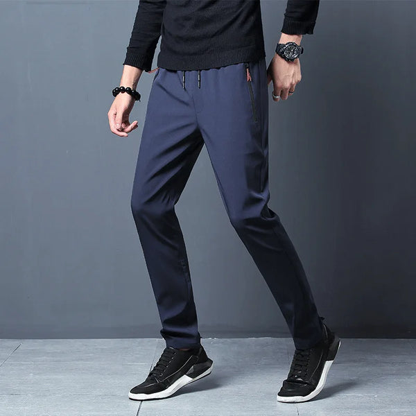New Men Running Pants Ice silk elastic Breathable stripe Quick Dry Training Fitness Zip Pocket Joggings Pant Male Gym Sweatpants