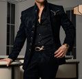 Patterned Black Men's Suit 2-piece Jacket Pants Wedding Groom Tuxedo Stand Collar Blazer Classic Jacquard Outfit